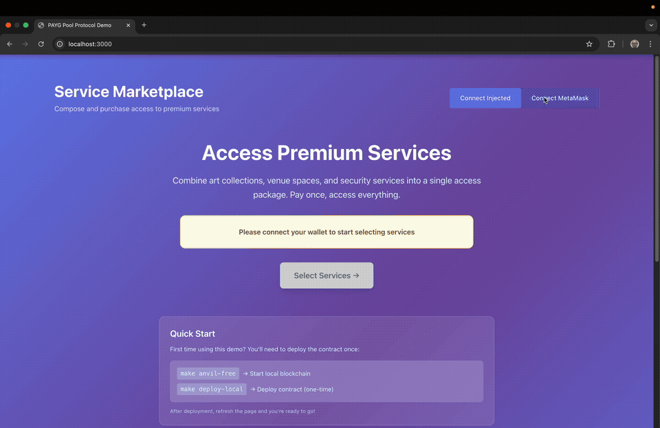 Demo: Local implementation with Anvil - wallet connection, contract deployment, and settlement