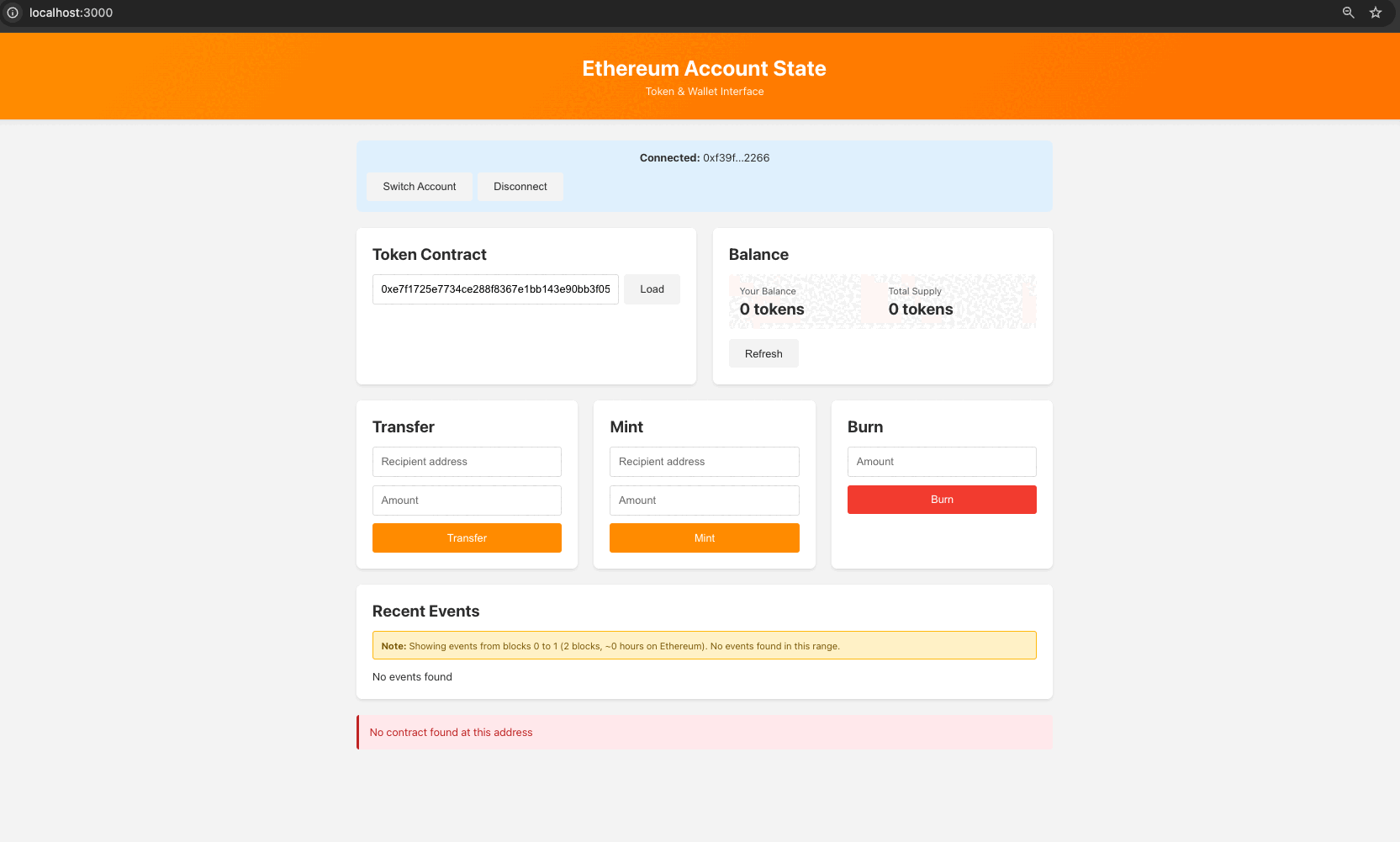 UI demo: mint → transfer to self → burn, with Recent Events updating