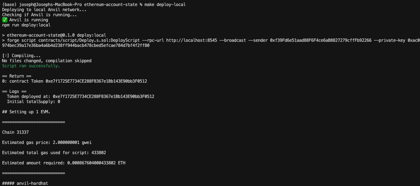 Local deployment output: token address on Anvil