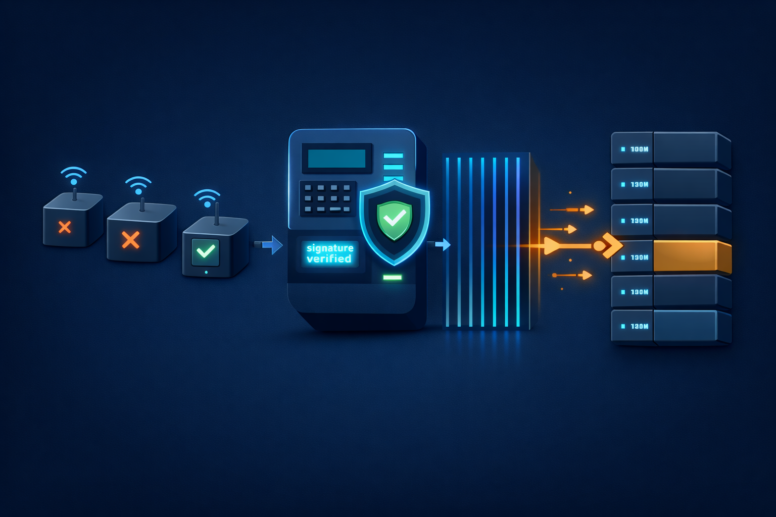 Signature verification: valid data passes, invalid data rejected (X)