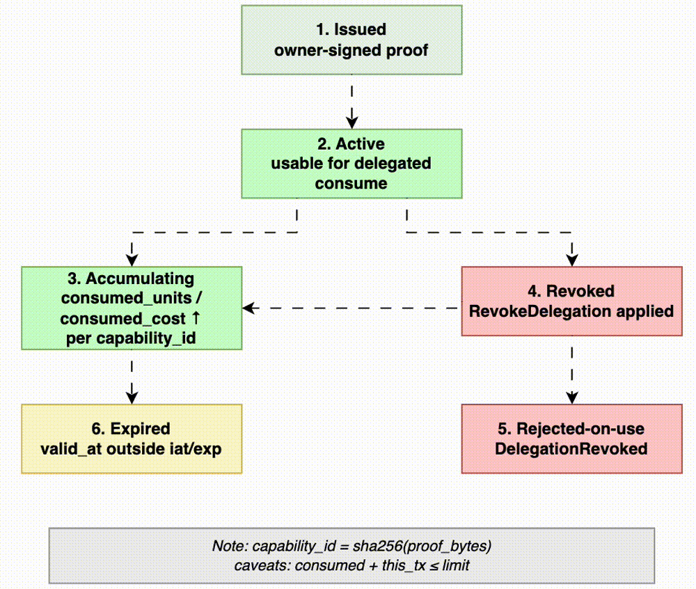 Capability lifecycle: Issued → Active → Accumulating / Revoked / Expired