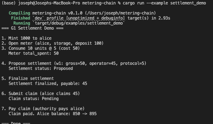 Terminal run of settlement demo: propose → finalize → claim → pay