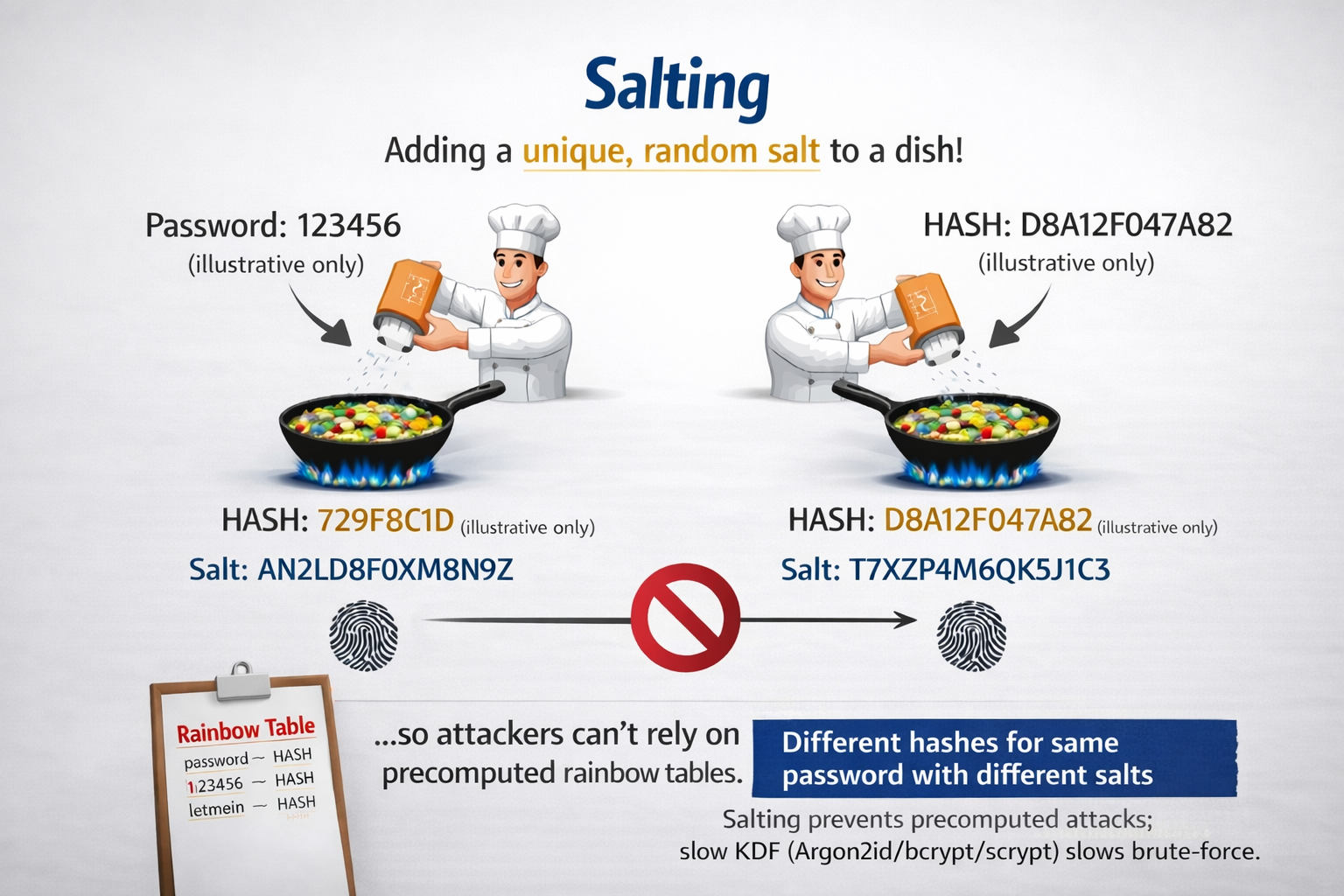 Salting: same password with different salts yields different hashes